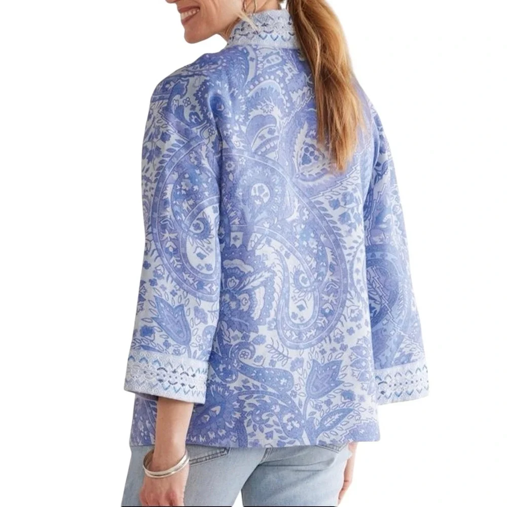 Soft Surroundings Verrado Jacket Blue Paisley Open Front‎ Kimono PXL EUC